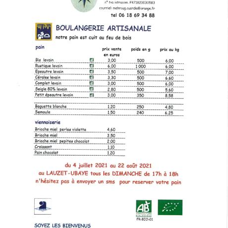 BOULANGERIE ARTISANALE DU 4 JUILLET AU 22 AOUT 2021 BOULANGERIE ARTISANALE DU 4 JUILLET AU 22 AOUT 2021