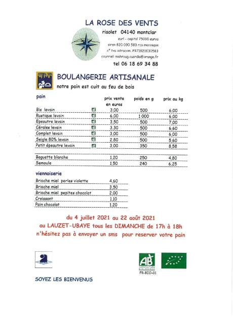 BOULANGERIE ARTISANALE DU 4 JUILLET AU 22 AOUT 2021